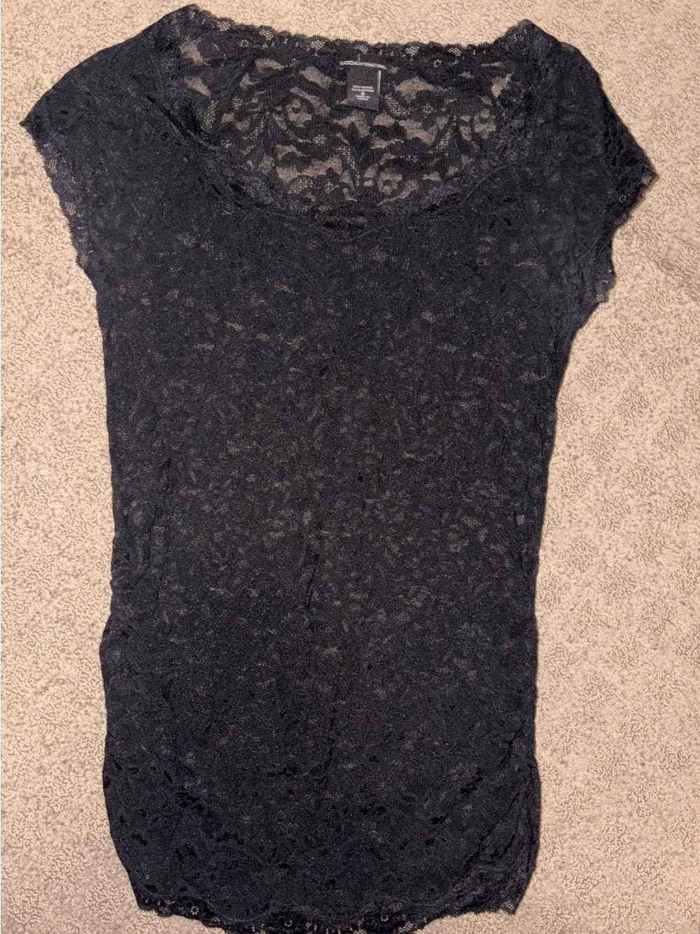 Moda International Black Lace Short Sleeve Scoop Neck Camisole, Size S